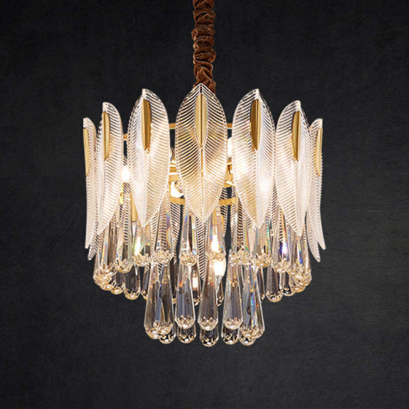 Lustre Plume Cristal, Métal/Cristal, Doré.