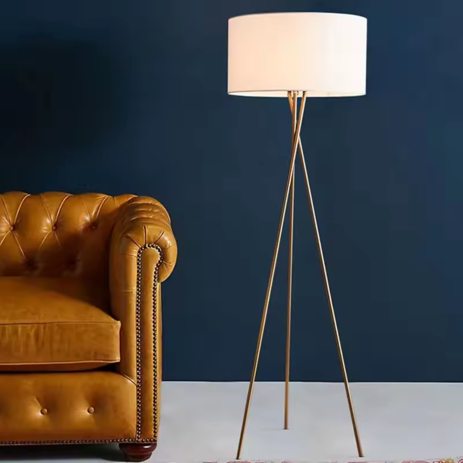 CASSIE - Lampadaire/Lampe Cylindrique Moderne Tissu, Pied Doré