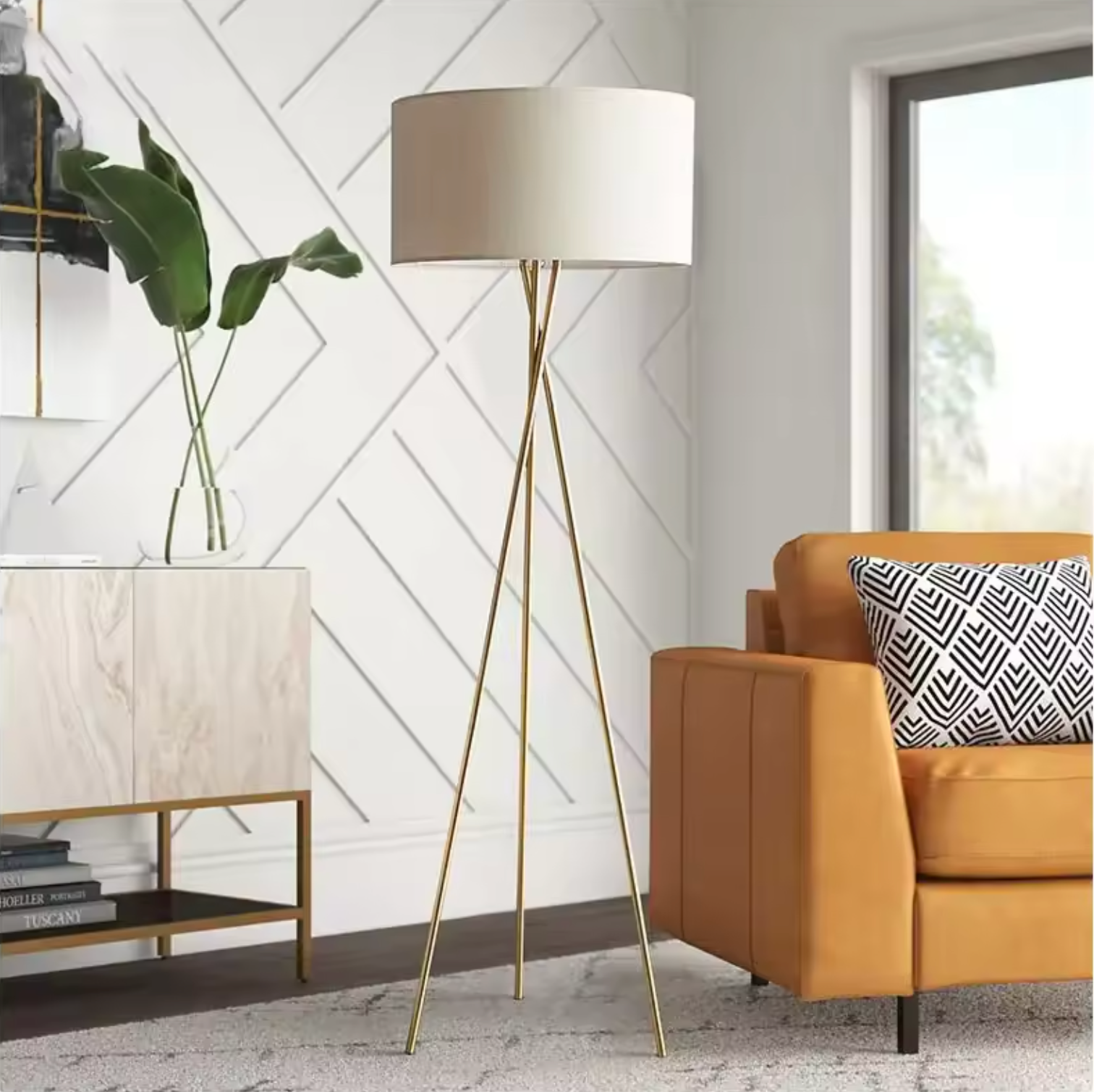 CASSIE - Lampadaire/Lampe Cylindrique Moderne Tissu, Pied Doré