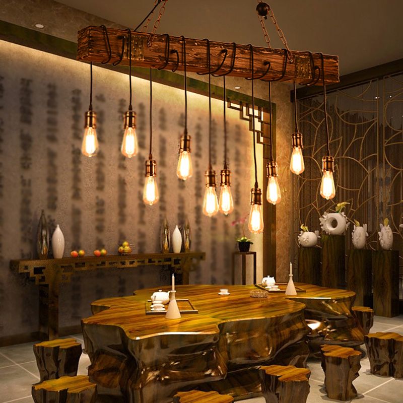 POLO - Luminaire Suspendu Linéaire Brun/Bois/Métal/Verre